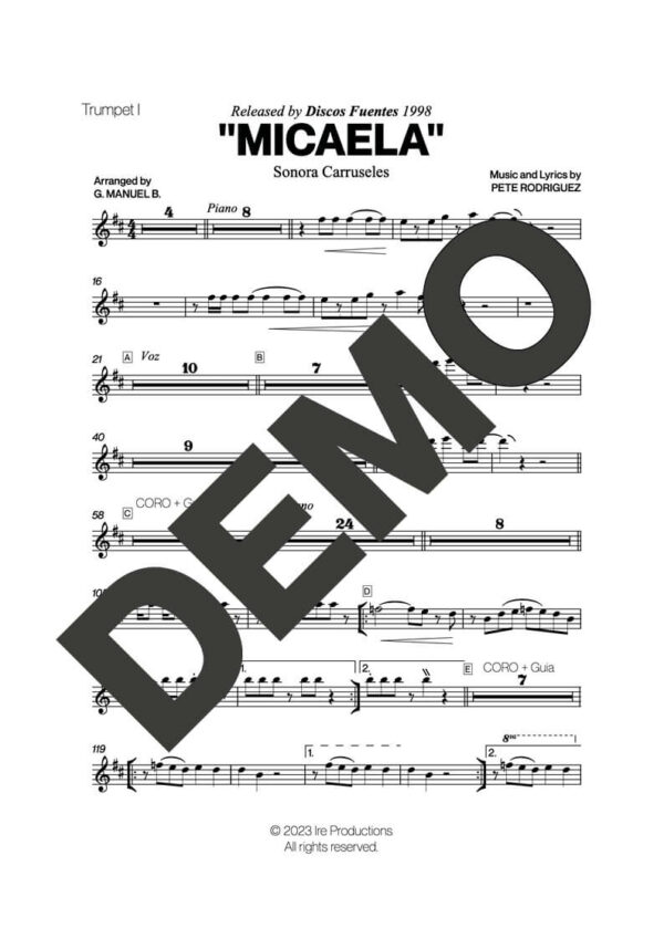 Sonora Carruseles – Micaela – First Page of Sheet Music Preview (PDF) – Includes charts for Trumpets, Trombones, Saxophone, Piano and Bass