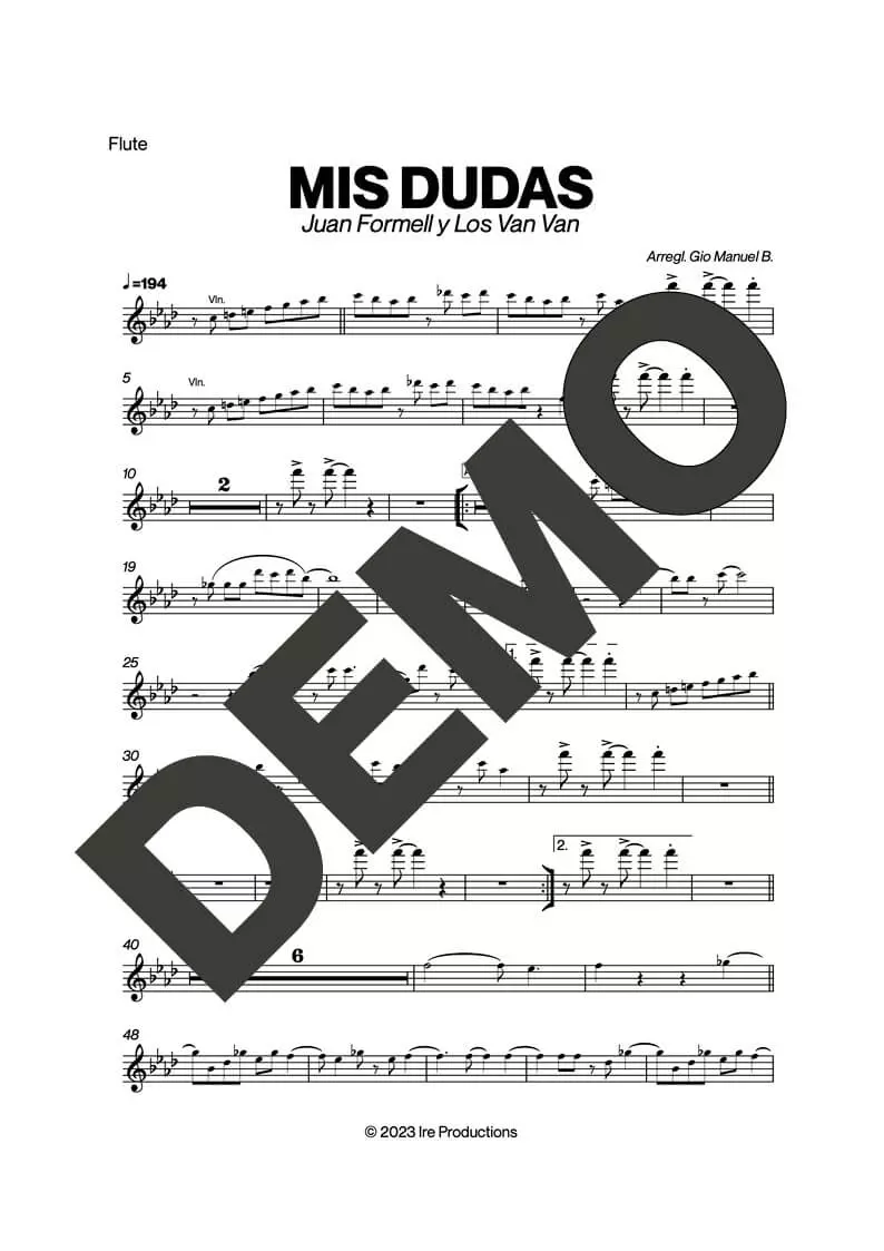 Los Van Van – Mis Dudas – First Page of Sheet Music Preview (PDF) – Includes charts for Trumpets, Trombones, Saxophone, Piano and Bass