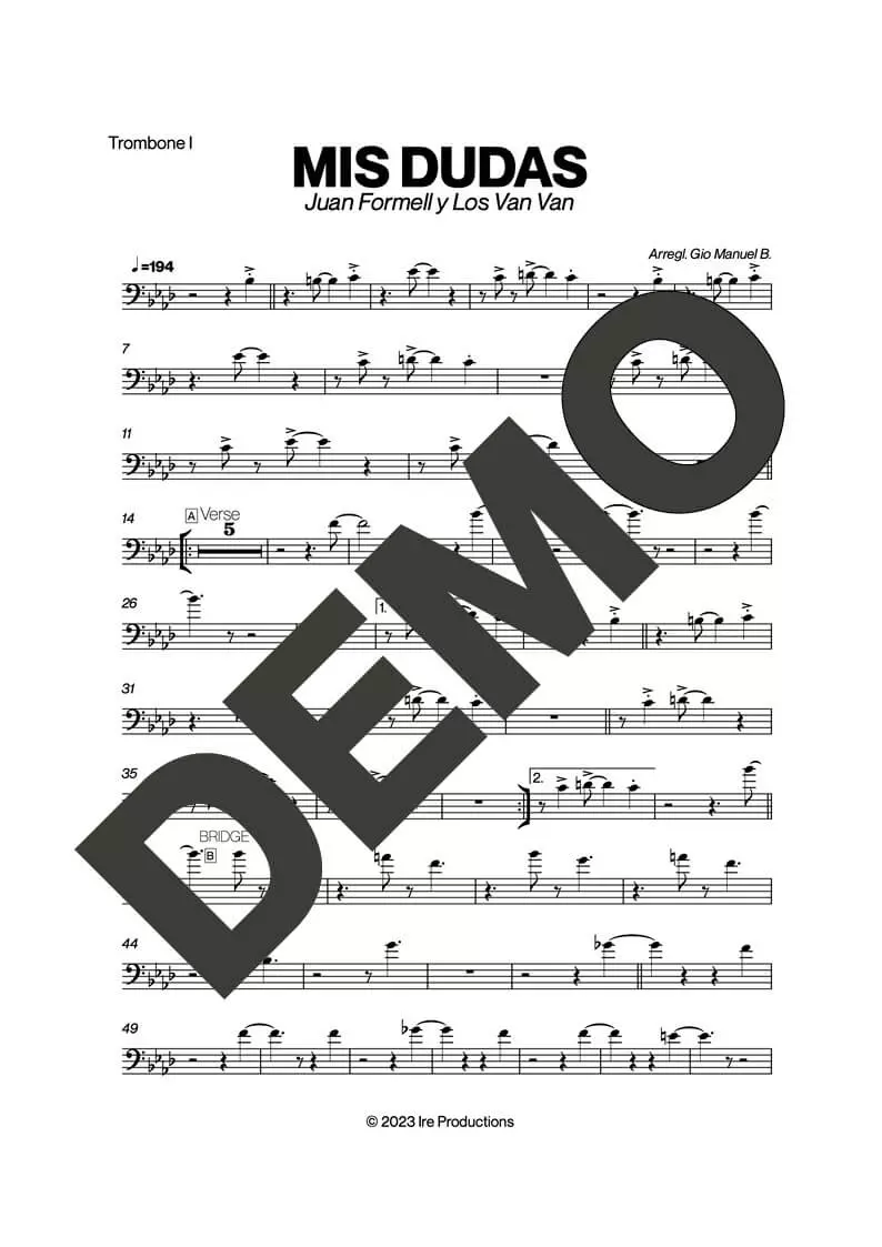 Los Van Van – Mis Dudas – Sheet Music Demo Page 1 (PDF) – Includes charts for Trumpets, Trombones, Saxophone, Piano and Bass