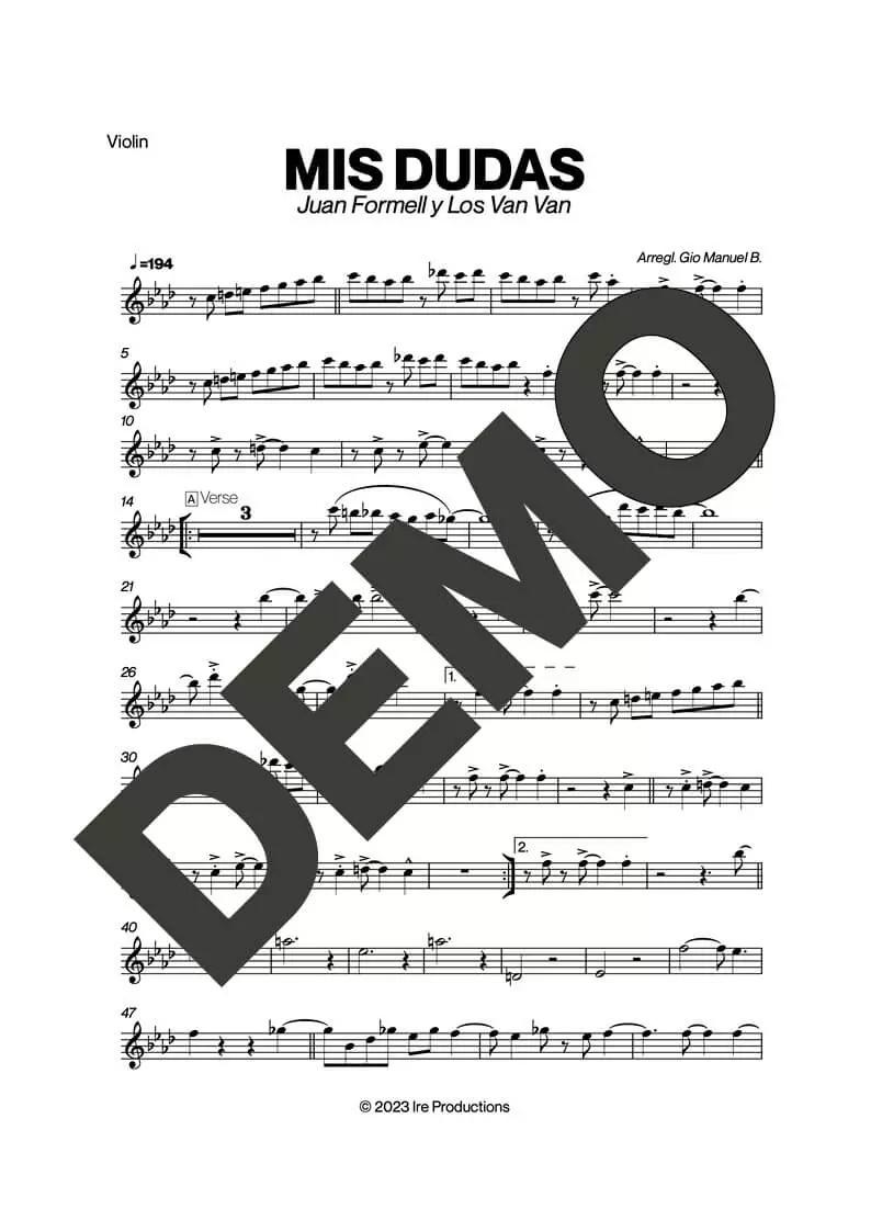 Los Van Van – Mis Dudas – Sheet Music Demo Page 2 (PDF) – Includes charts for Trumpets, Trombones, Saxophone, Piano and Bass