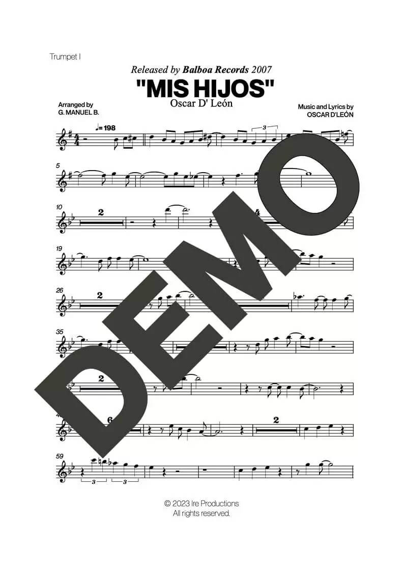 Oscar D' León – Mis Hijos – First Page of Sheet Music Preview (PDF) – Includes charts for Trumpets, Trombones, Saxophone, Piano and Bass