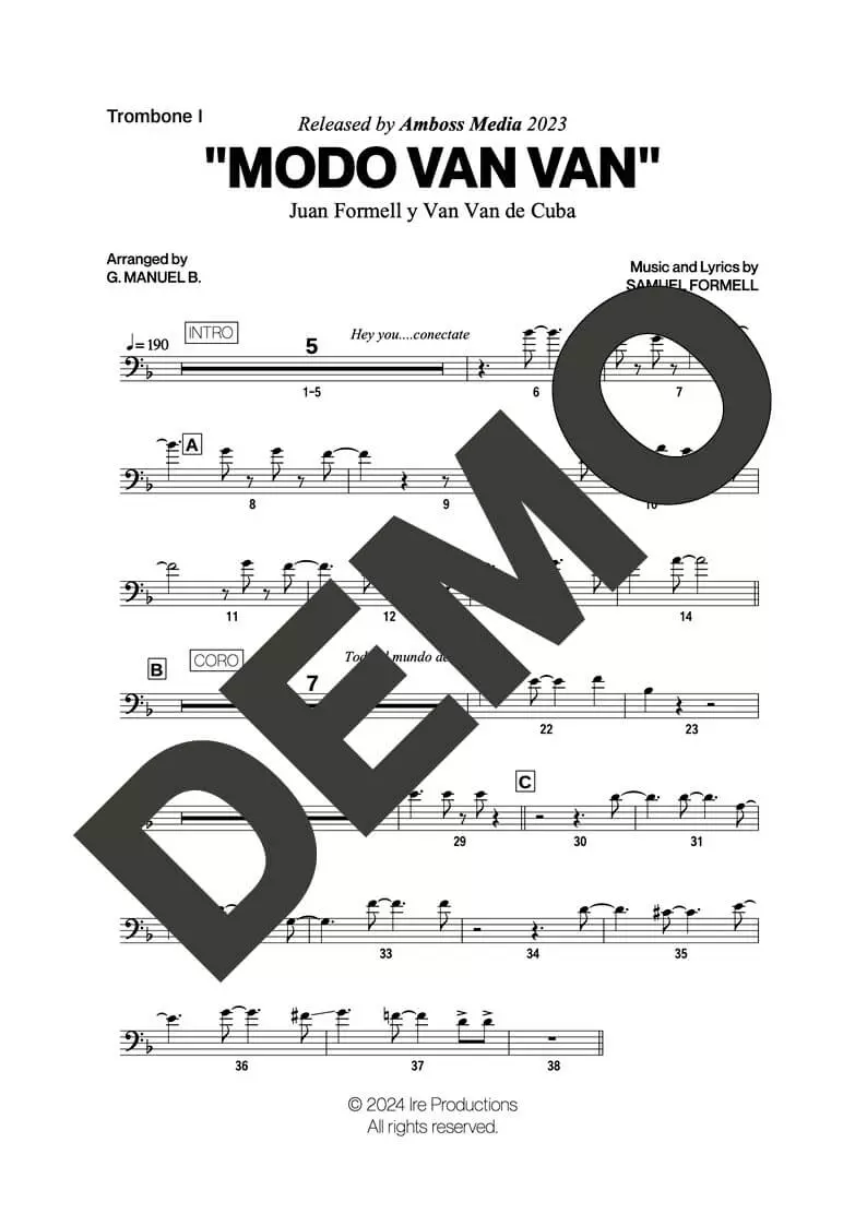 Los Van Van|Mandy Cantero – Modo Van Van – Sheet Music Demo Page 1 (PDF) – Includes charts for Trumpets, Trombones, Saxophone, Piano and Bass