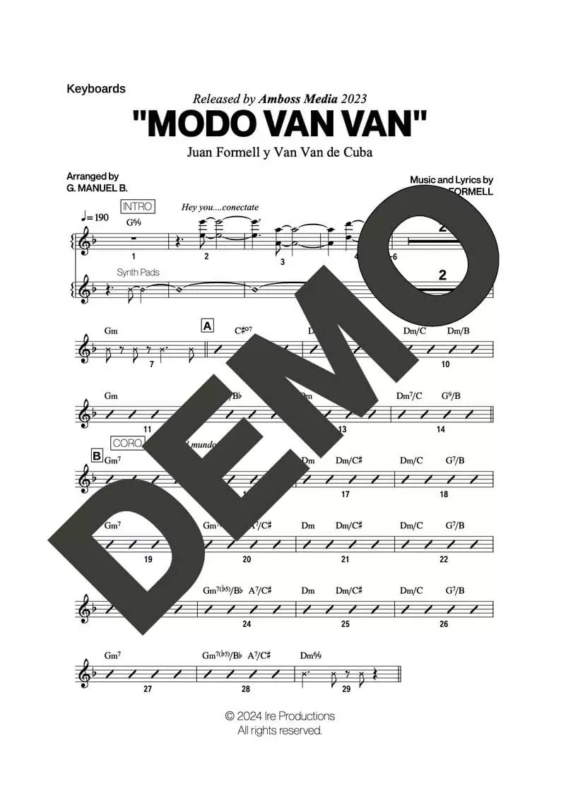 Los Van Van|Mandy Cantero – Modo Van Van – Sheet Music Demo Page 4 (PDF) – Includes charts for Trumpets, Trombones, Saxophone, Piano and Bass