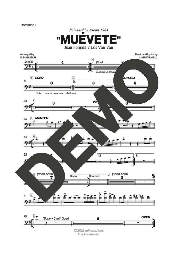 Los Van Van – Anda, Ven y Muévete – First Page of Sheet Music Preview (PDF) – Includes charts for Trumpets, Trombones, Saxophone, Piano and Bass