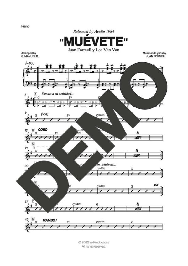 Los Van Van – Anda, Ven y Muévete – Sheet Music Demo Page 1 (PDF) – Includes charts for Trumpets, Trombones, Saxophone, Piano and Bass