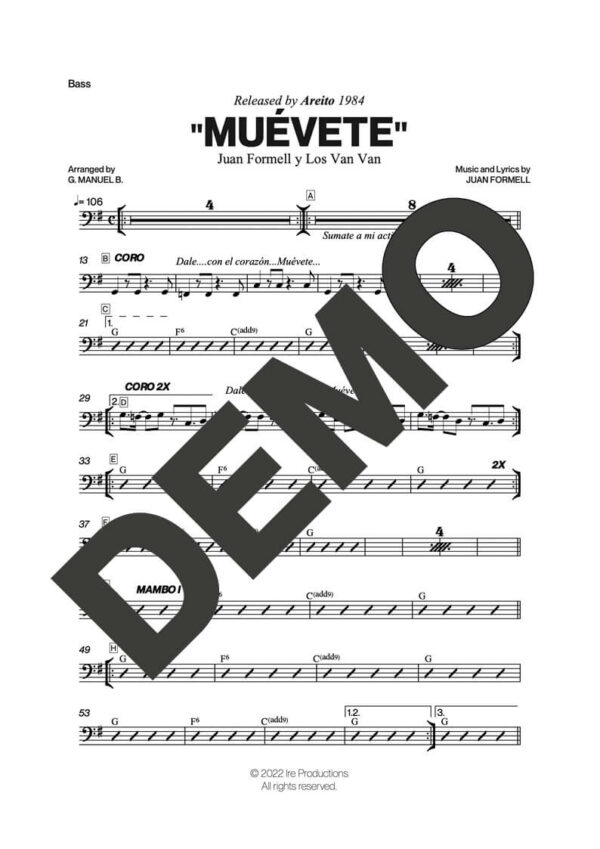 Los Van Van – Anda, Ven y Muévete – Sheet Music Demo Page 3 (PDF) – Includes charts for Trumpets, Trombones, Saxophone, Piano and Bass