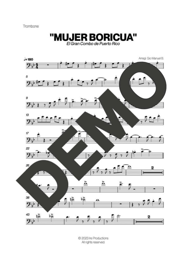 El Gran Combo de Puerto Rico – Mujer Boricua – Sheet Music Demo Page 2 (PDF) – Includes charts for Trumpets, Trombones, Saxophone, Piano and Bass