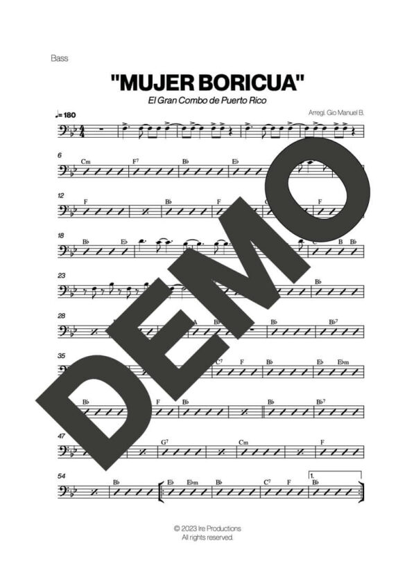 El Gran Combo de Puerto Rico – Mujer Boricua – Sheet Music Demo Page 4 (PDF) – Includes charts for Trumpets, Trombones, Saxophone, Piano and Bass