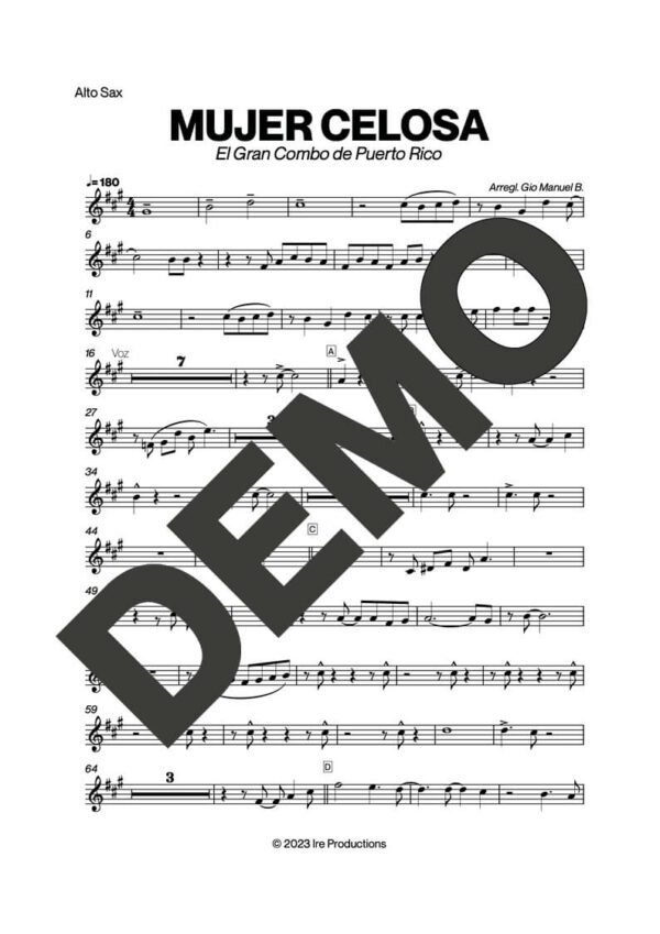 El Gran Combo de Puerto Rico – Mujer Celosa – First Page of Sheet Music Preview (PDF) – Includes charts for Trumpets, Trombones, Saxophone, Piano and Bass