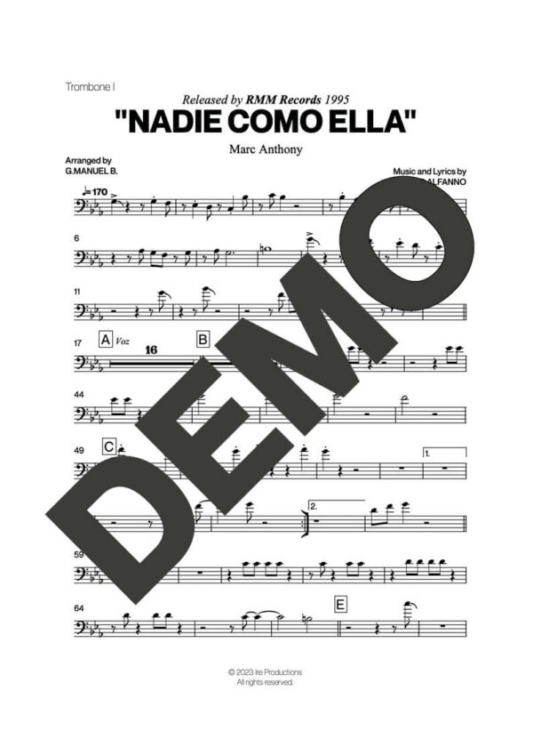 Marc Anthony – Nadie Como Ella – Sheet Music Demo Page 1 (PDF) – Includes charts for Trumpets, Trombones, Saxophone, Piano and Bass