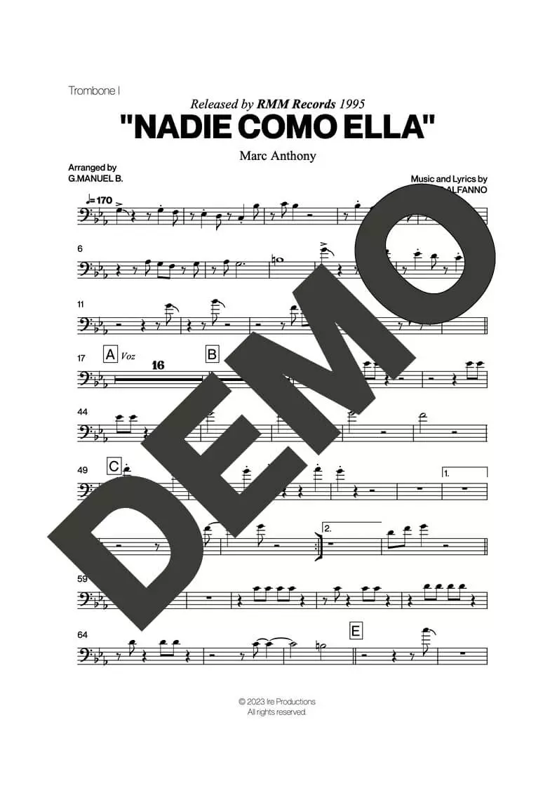 Marc Anthony – Nadie Como Ella – Sheet Music Demo Page 1 (PDF) – Includes charts for Trumpets, Trombones, Saxophone, Piano and Bass