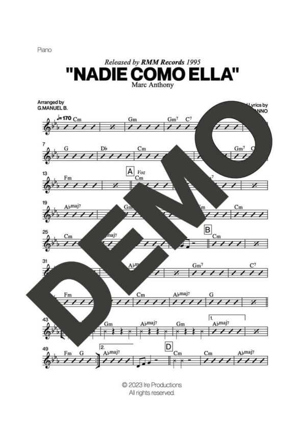 Marc Anthony – Nadie Como Ella – Sheet Music Demo Page 3 (PDF) – Includes charts for Trumpets, Trombones, Saxophone, Piano and Bass