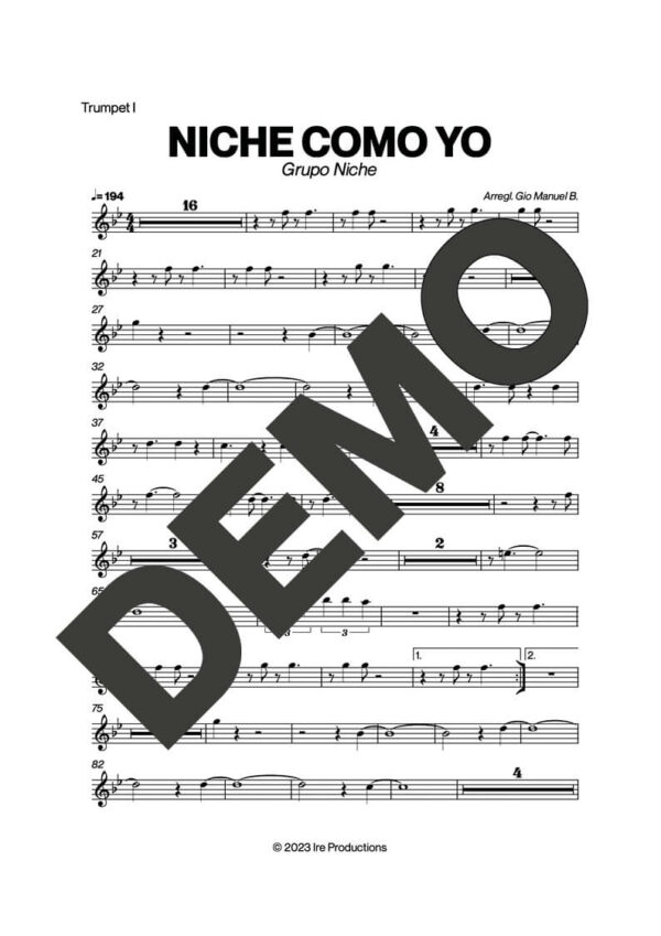 Grupo Niche – Niche Como Yo – First Page of Sheet Music Preview (PDF) – Includes charts for Trumpets, Trombones, Saxophone, Piano and Bass