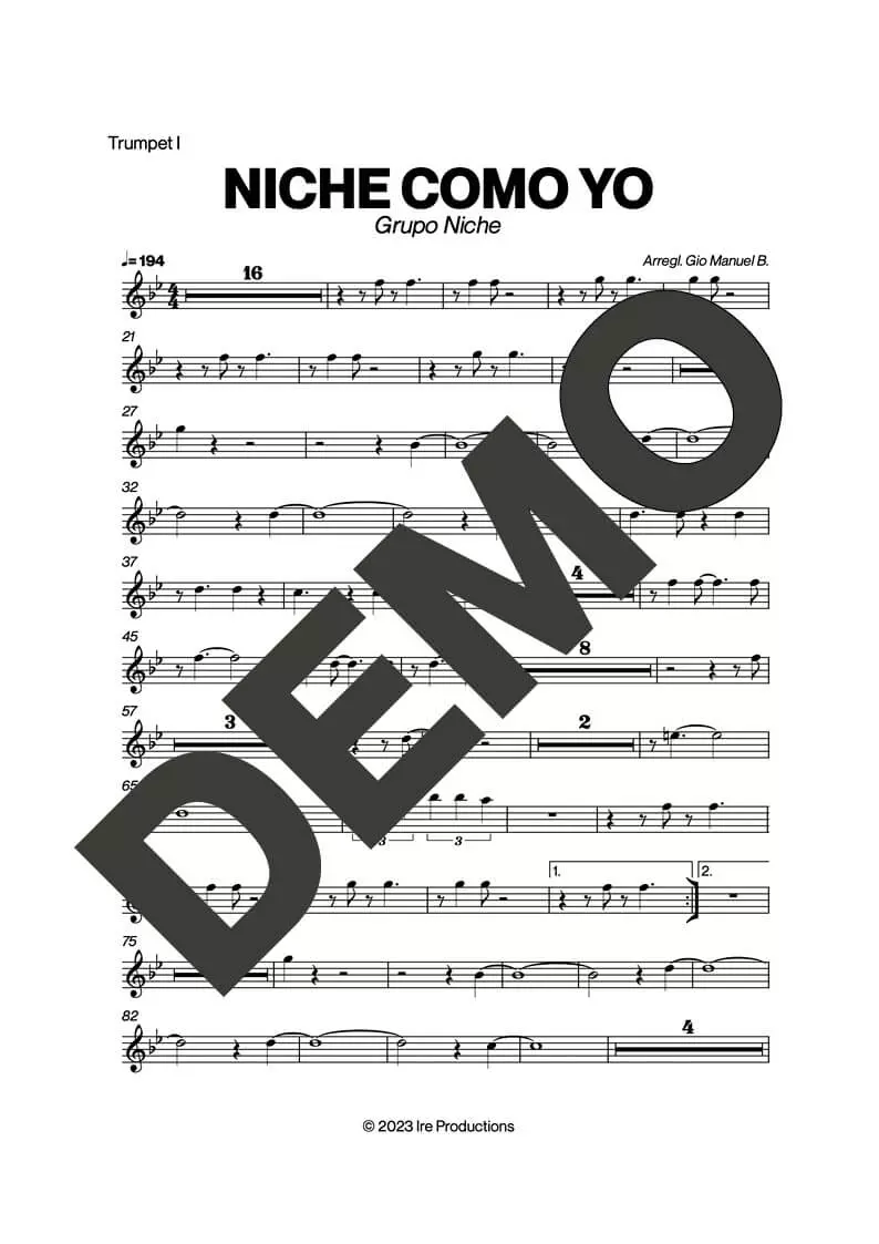 Grupo Niche – Niche Como Yo – First Page of Sheet Music Preview (PDF) – Includes charts for Trumpets, Trombones, Saxophone, Piano and Bass