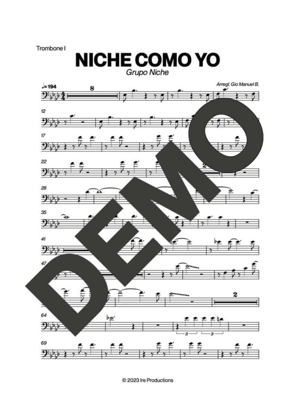 Grupo Niche – Niche Como Yo – Sheet Music Demo Page 1 (PDF) – Includes charts for Trumpets, Trombones, Saxophone, Piano and Bass