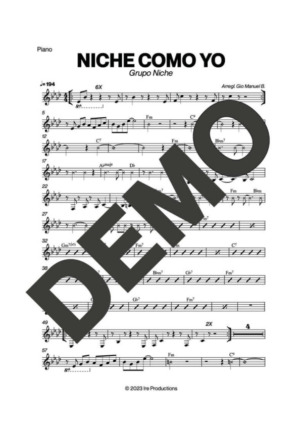 Grupo Niche – Niche Como Yo – Sheet Music Demo Page 2 (PDF) – Includes charts for Trumpets, Trombones, Saxophone, Piano and Bass