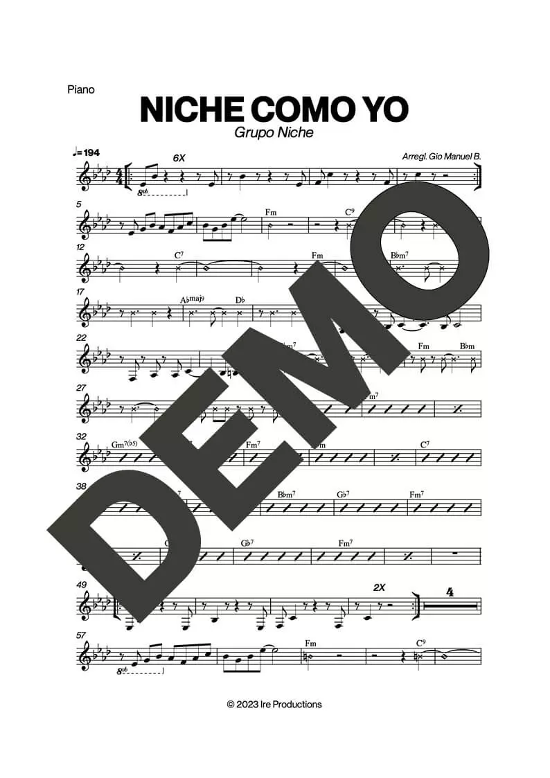 Grupo Niche – Niche Como Yo – Sheet Music Demo Page 2 (PDF) – Includes charts for Trumpets, Trombones, Saxophone, Piano and Bass