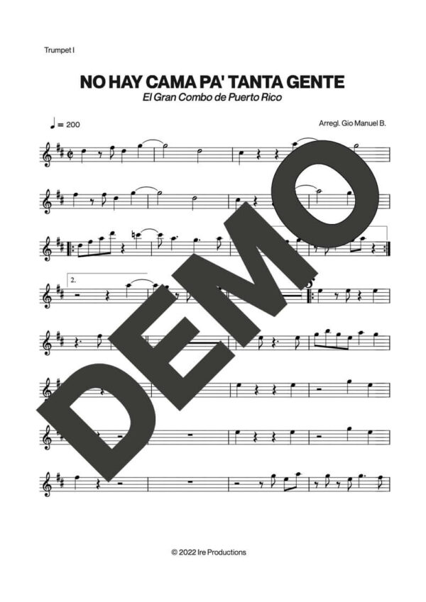 El Gran Combo de Puerto Rico – No Hay Cama Pa' Tanta Gente – Sheet Music Demo Page 1 (PDF) – Includes charts for Trumpets, Trombones, Saxophone, Piano and Bass