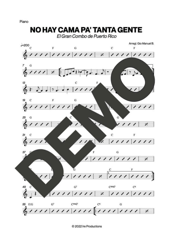 El Gran Combo de Puerto Rico – No Hay Cama Pa' Tanta Gente – Sheet Music Demo Page 2 (PDF) – Includes charts for Trumpets, Trombones, Saxophone, Piano and Bass