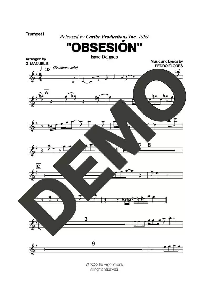 Issac Delgado – Obsesión – Sheet Music Demo Page 1 (PDF) – Includes charts for Trumpets, Trombones, Saxophone, Piano and Bass