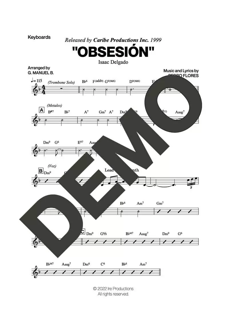 Issac Delgado – Obsesión – Sheet Music Demo Page 4 (PDF) – Includes charts for Trumpets, Trombones, Saxophone, Piano and Bass