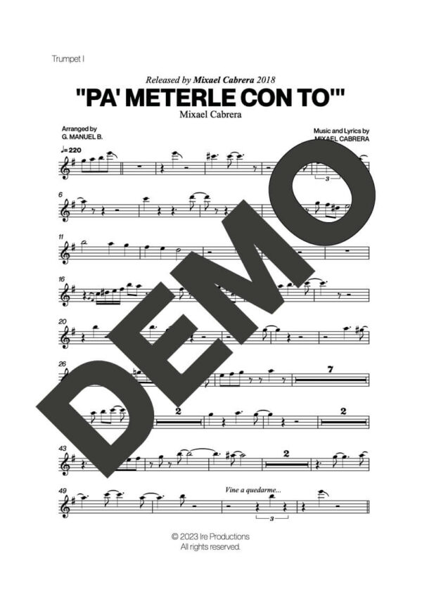 Mixael Cabrera – Pa' Meterle Con To' – Sheet Music Demo Page 1 (PDF) – Includes charts for Trumpets, Trombones, Saxophone, Piano and Bass