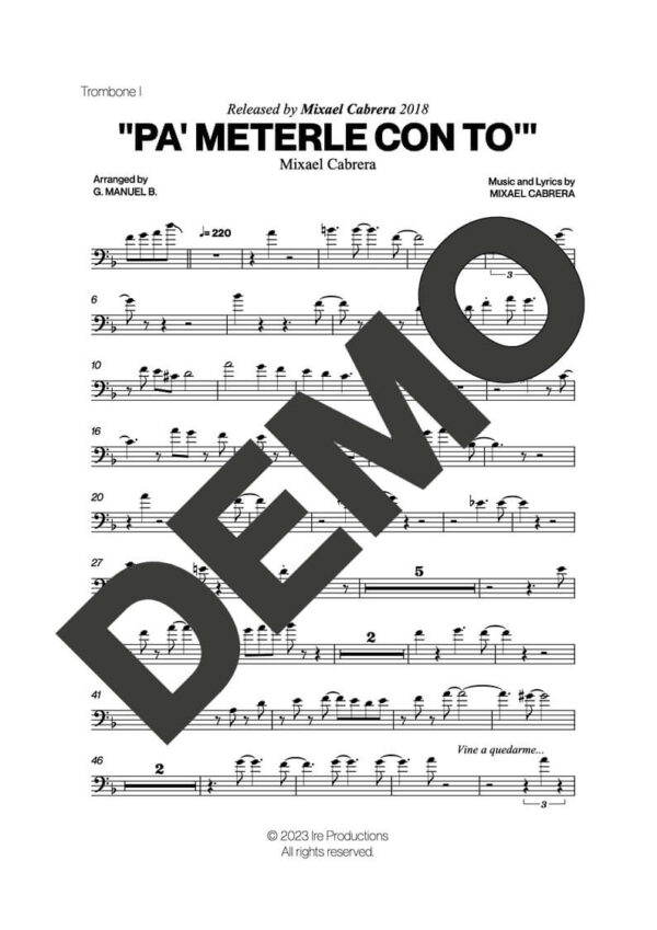 Mixael Cabrera – Pa' Meterle Con To' – Sheet Music Demo Page 2 (PDF) – Includes charts for Trumpets, Trombones, Saxophone, Piano and Bass