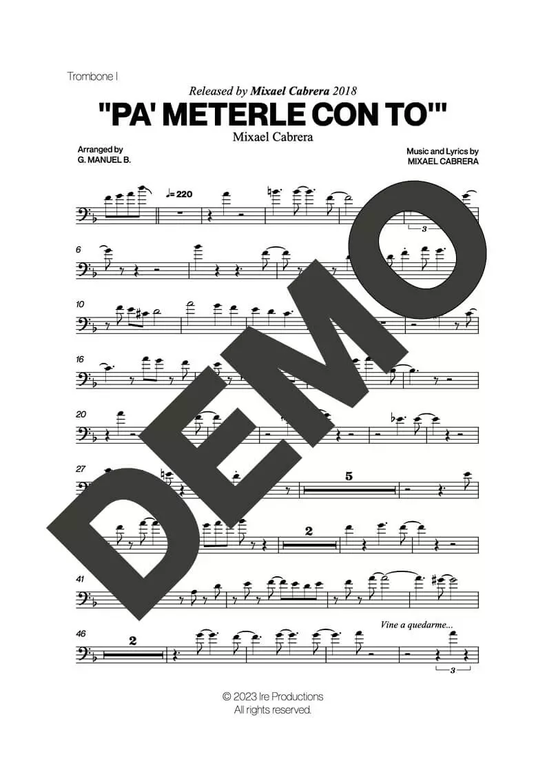 Mixael Cabrera – Pa' Meterle Con To' – Sheet Music Demo Page 2 (PDF) – Includes charts for Trumpets, Trombones, Saxophone, Piano and Bass