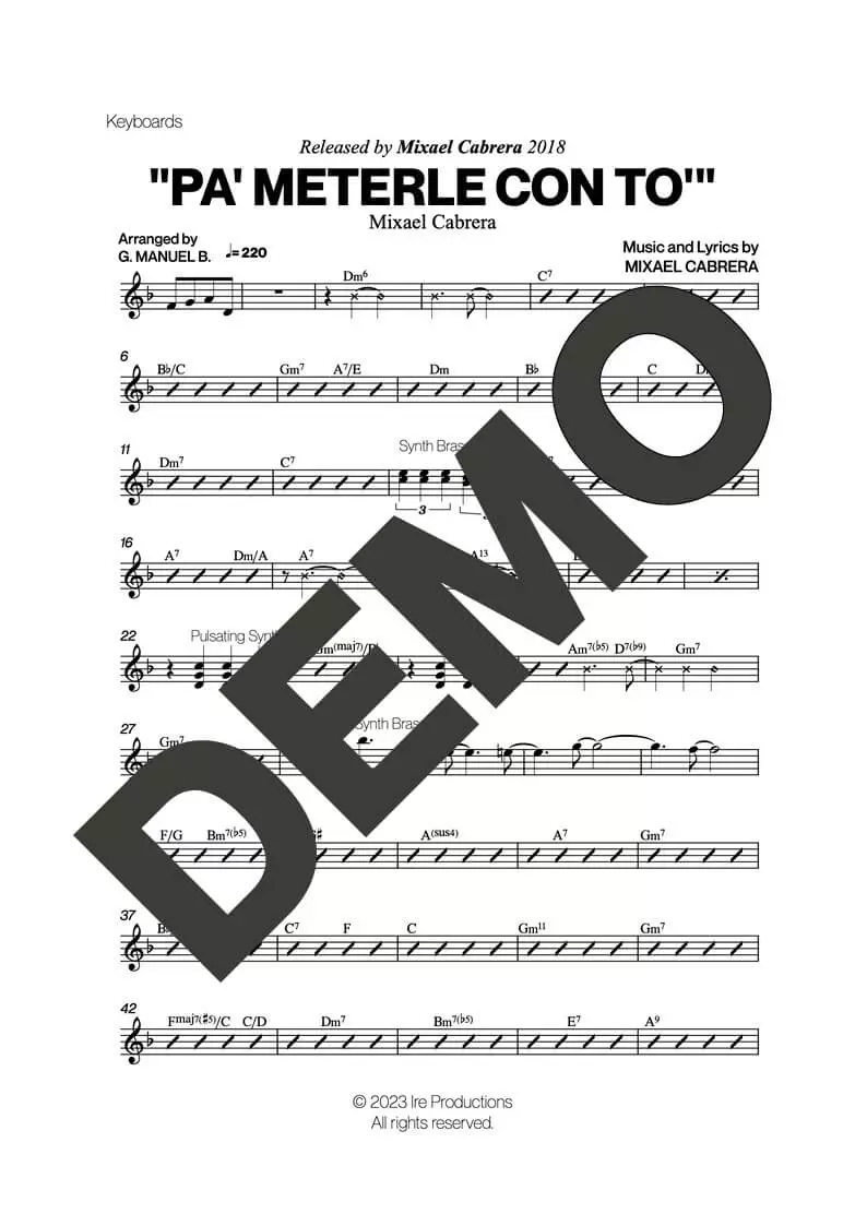 Mixael Cabrera – Pa' Meterle Con To' – Sheet Music Demo Page 4 (PDF) – Includes charts for Trumpets, Trombones, Saxophone, Piano and Bass