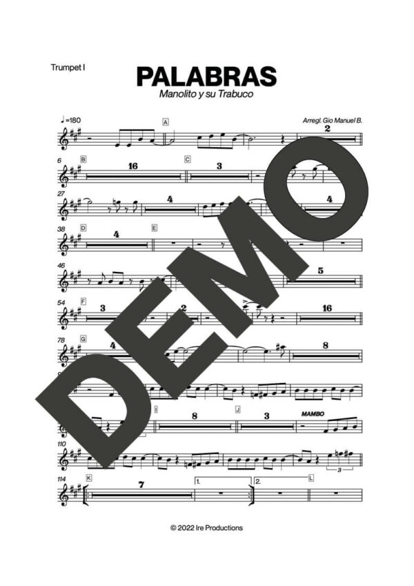 Manolito y su Trabuco – Palabras – First Page of Sheet Music Preview (PDF) – Includes charts for Trumpets, Trombones, Saxophone, Piano and Bass