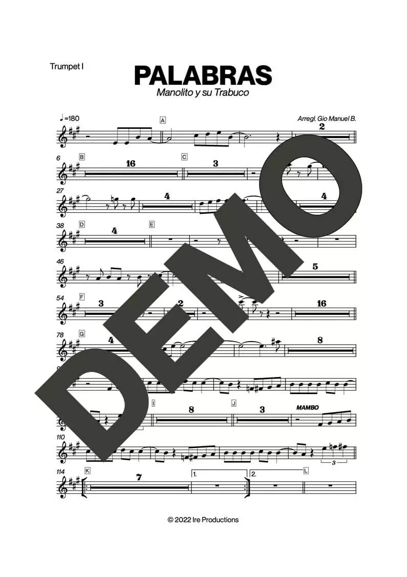 Manolito y su Trabuco – Palabras – First Page of Sheet Music Preview (PDF) – Includes charts for Trumpets, Trombones, Saxophone, Piano and Bass