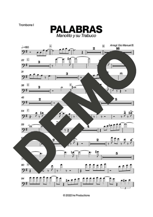 Manolito y su Trabuco – Palabras – Sheet Music Demo Page 1 (PDF) – Includes charts for Trumpets, Trombones, Saxophone, Piano and Bass