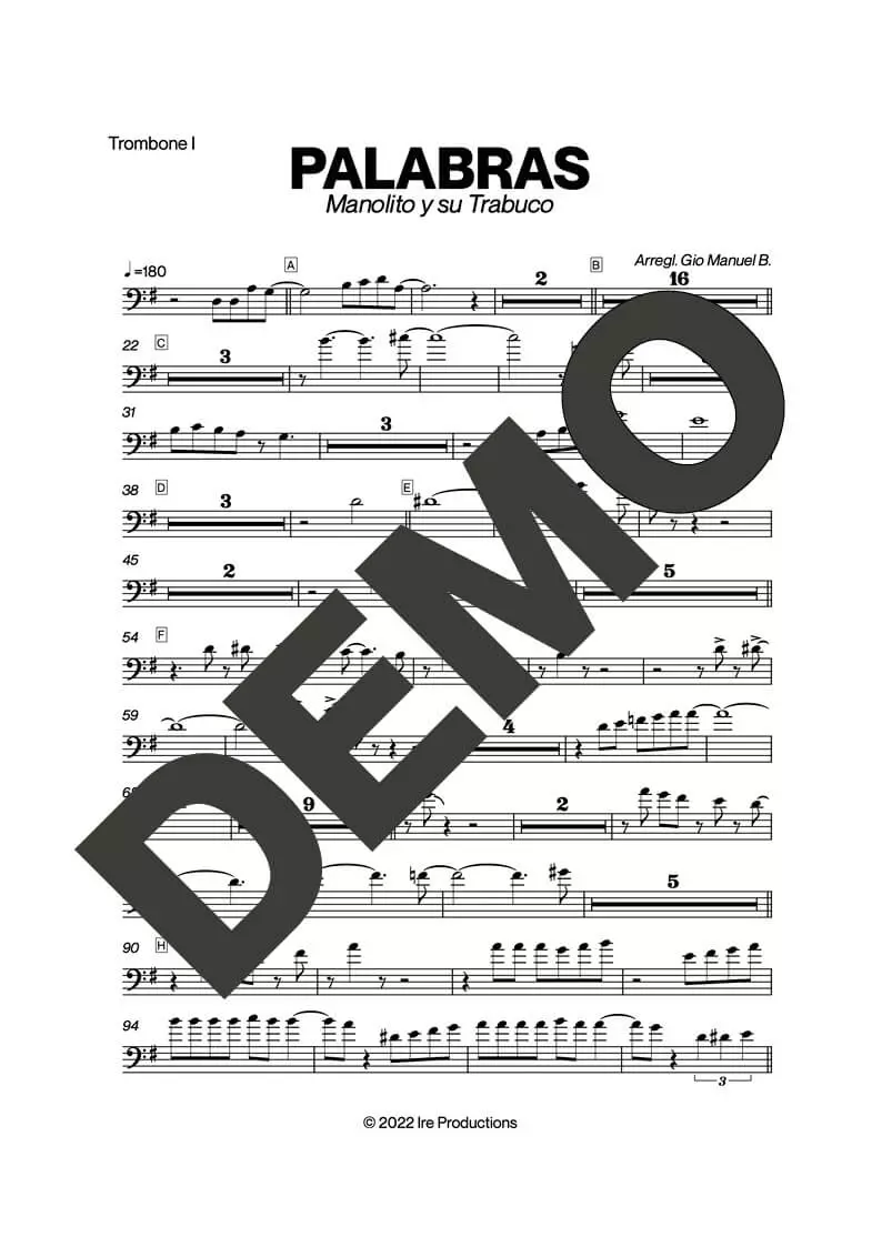 Manolito y su Trabuco – Palabras – Sheet Music Demo Page 1 (PDF) – Includes charts for Trumpets, Trombones, Saxophone, Piano and Bass