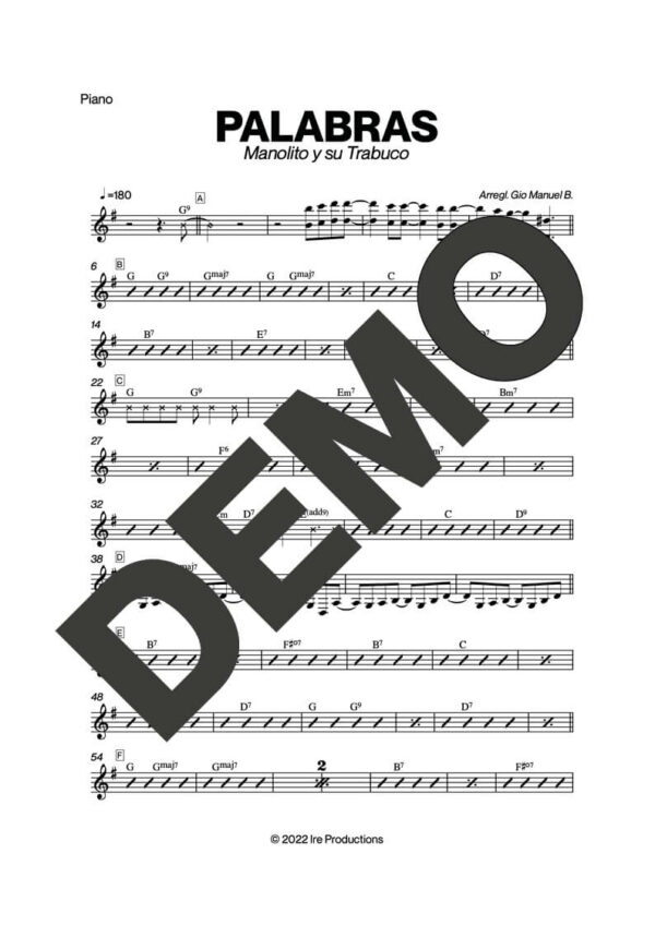 Manolito y su Trabuco – Palabras – Sheet Music Demo Page 2 (PDF) – Includes charts for Trumpets, Trombones, Saxophone, Piano and Bass