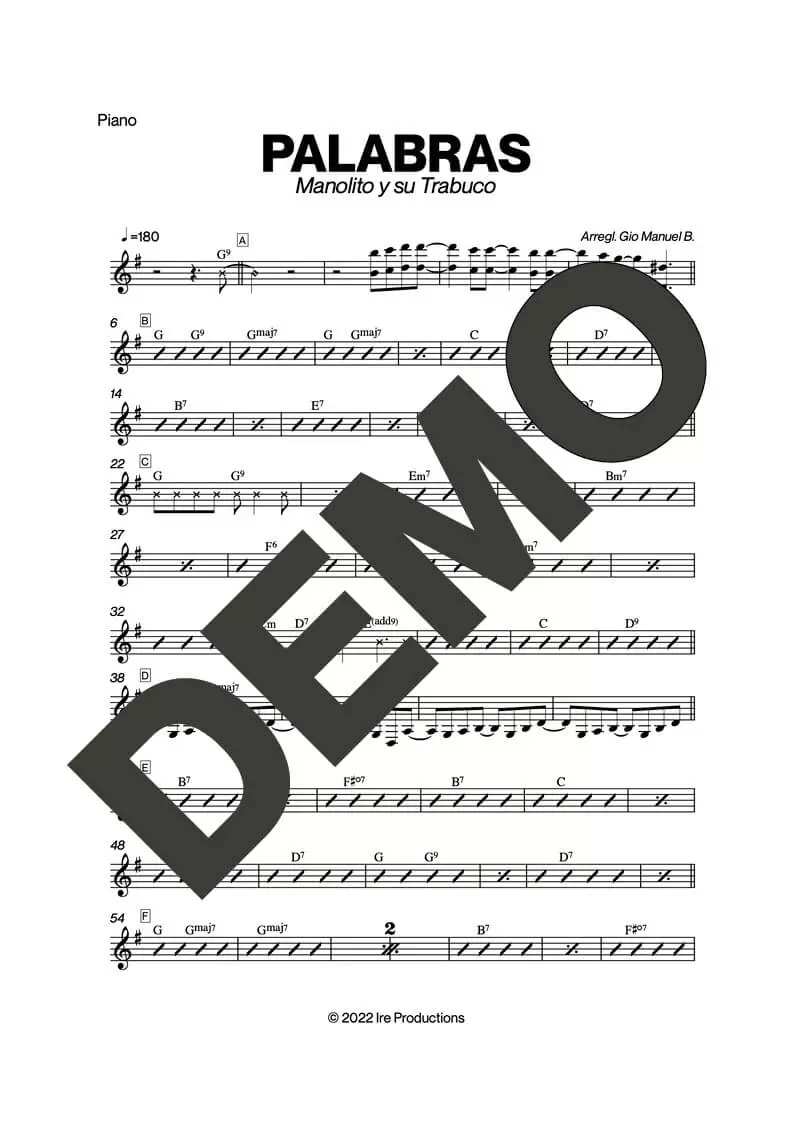 Manolito y su Trabuco – Palabras – Sheet Music Demo Page 2 (PDF) – Includes charts for Trumpets, Trombones, Saxophone, Piano and Bass