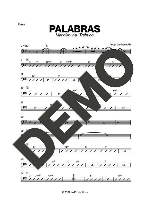 Manolito y su Trabuco – Palabras – Sheet Music Demo Page 3 (PDF) – Includes charts for Trumpets, Trombones, Saxophone, Piano and Bass