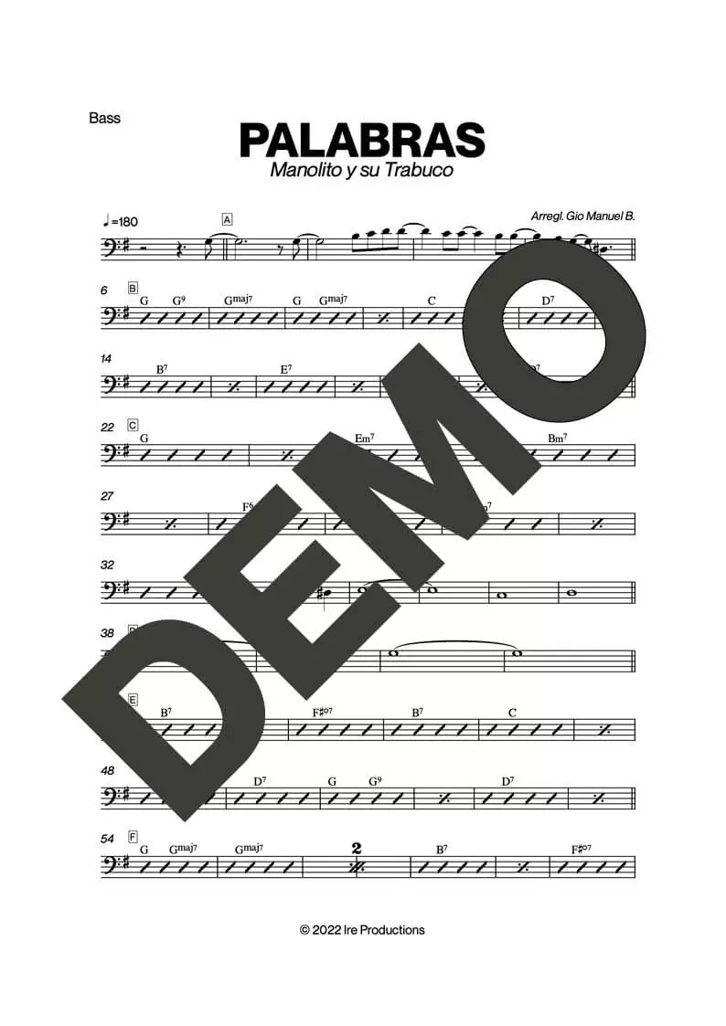 Manolito y su Trabuco – Palabras – Sheet Music Demo Page 3 (PDF) – Includes charts for Trumpets, Trombones, Saxophone, Piano and Bass