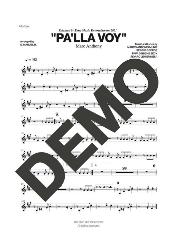 Marc Anthony – Pa'lla Voy – First Page of Sheet Music Preview (PDF) – Includes charts for Trumpets, Trombones, Saxophone, Piano and Bass