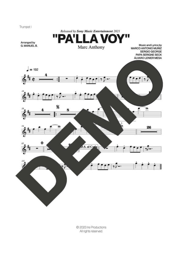Marc Anthony – Pa'lla Voy – Sheet Music Demo Page 1 (PDF) – Includes charts for Trumpets, Trombones, Saxophone, Piano and Bass
