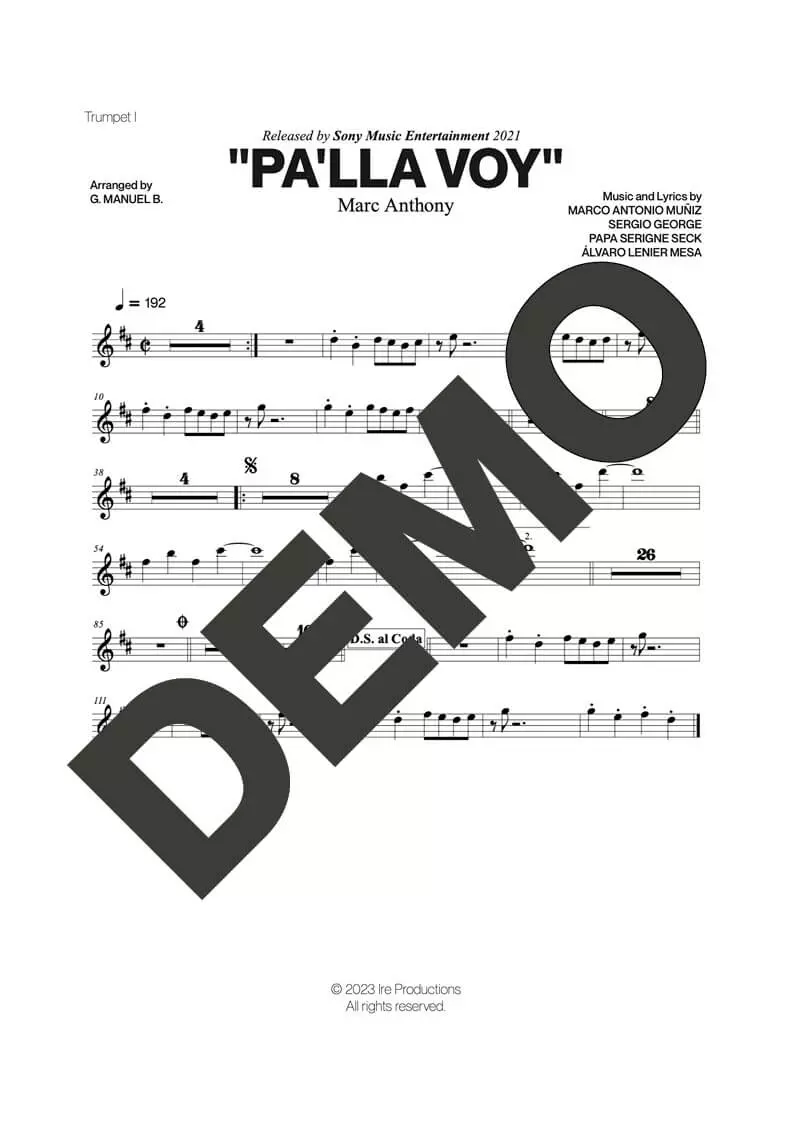 Marc Anthony – Pa'lla Voy – Sheet Music Demo Page 1 (PDF) – Includes charts for Trumpets, Trombones, Saxophone, Piano and Bass