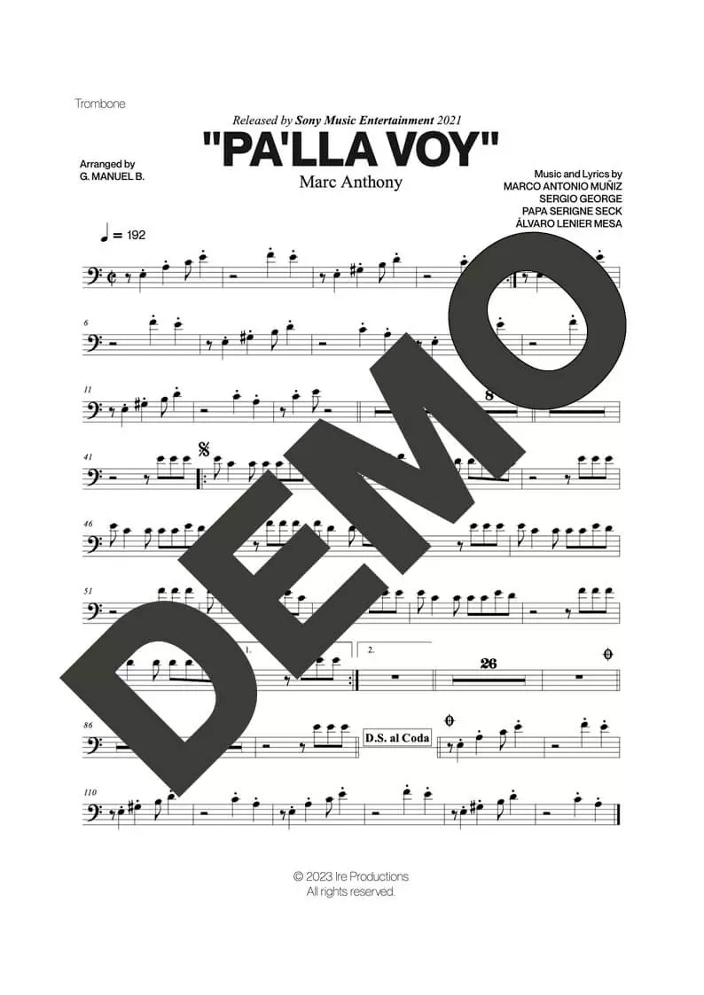 Marc Anthony – Pa'lla Voy – Sheet Music Demo Page 2 (PDF) – Includes charts for Trumpets, Trombones, Saxophone, Piano and Bass