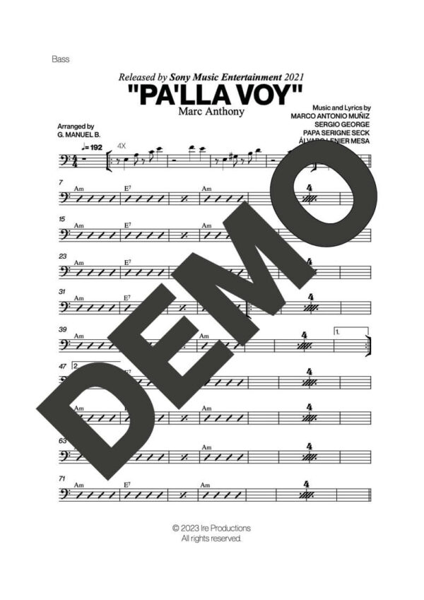 Marc Anthony – Pa'lla Voy – Sheet Music Demo Page 4 (PDF) – Includes charts for Trumpets, Trombones, Saxophone, Piano and Bass