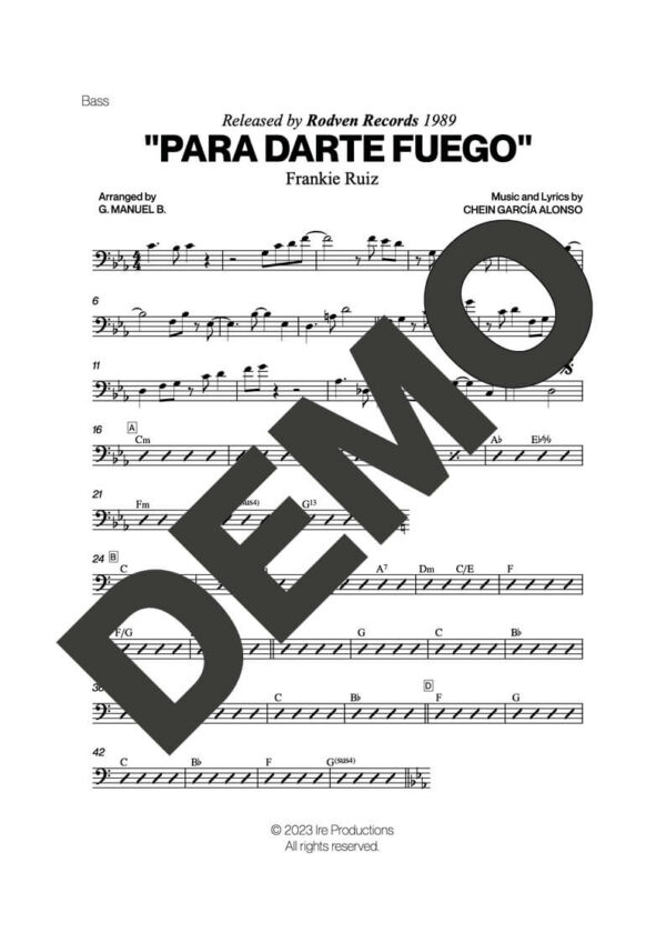 Frankie Ruiz – Para Darte Fuego – First Page of Sheet Music Preview (PDF) – Includes charts for Trumpets, Trombones, Saxophone, Piano and Bass