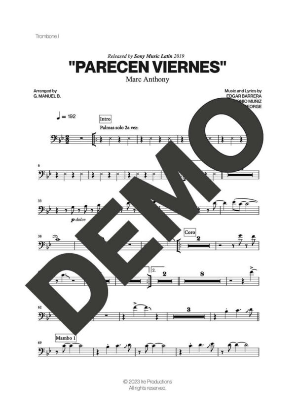 Marc Anthony – Parecen Viernes – Sheet Music Demo Page 1 (PDF) – Includes charts for Trumpets, Trombones, Saxophone, Piano and Bass