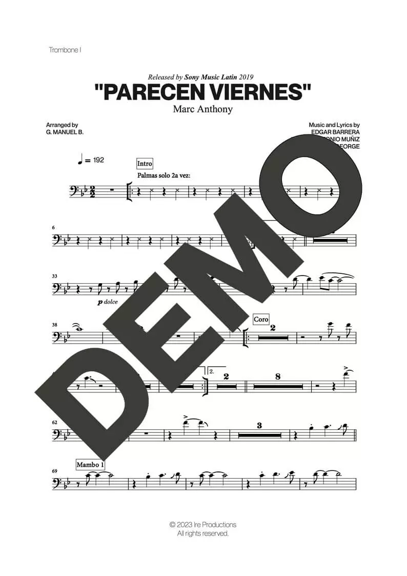 Marc Anthony – Parecen Viernes – Sheet Music Demo Page 1 (PDF) – Includes charts for Trumpets, Trombones, Saxophone, Piano and Bass