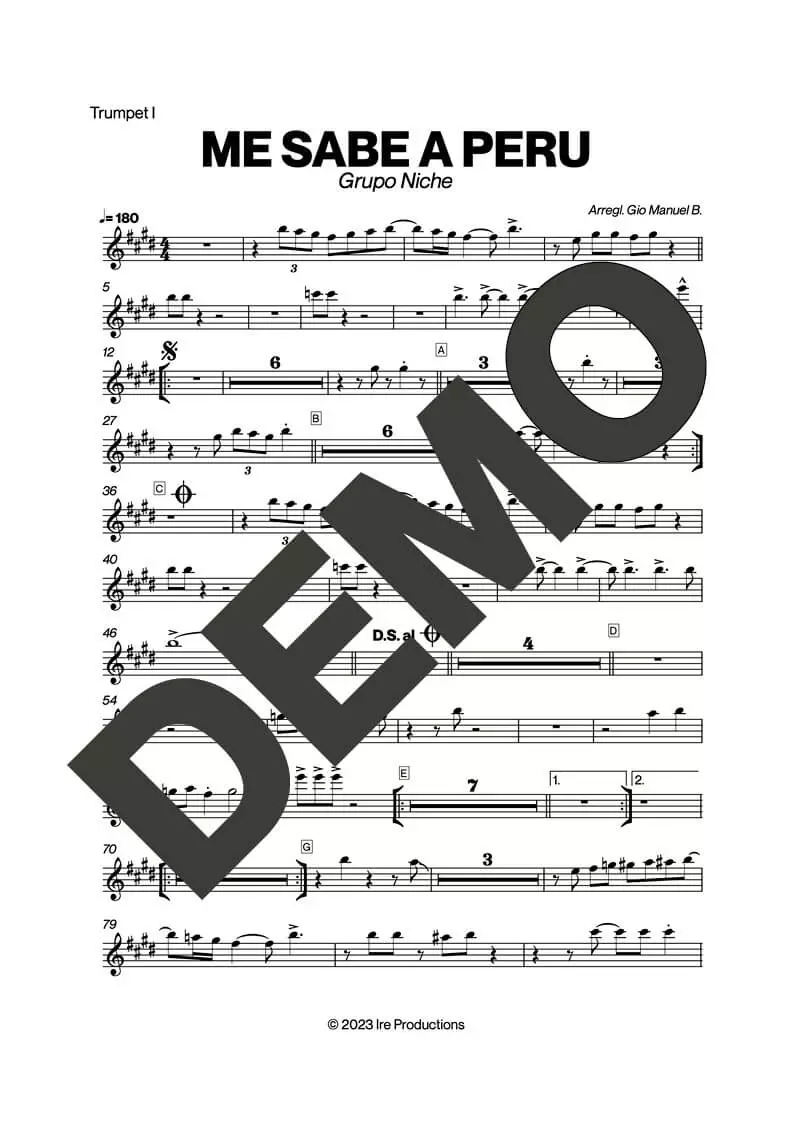 Grupo Niche – Me Sabe a Peru – First Page of Sheet Music Preview (PDF) – Includes charts for Trumpets, Trombones, Saxophone, Piano and Bass