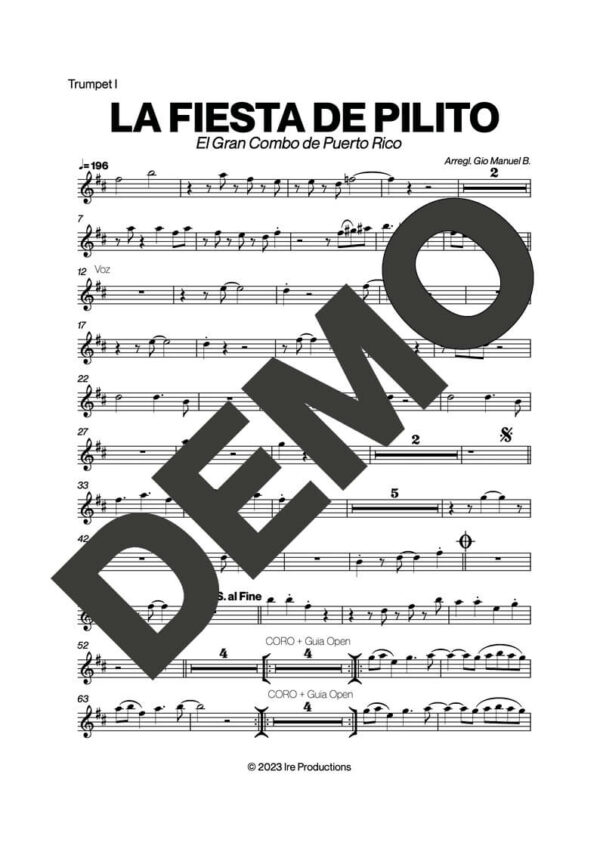 El Gran Combo de Puerto Rico – La Fiesta de Pilito – Sheet Music Demo Page 1 (PDF) – Includes charts for Trumpets, Trombones, Saxophone, Piano and Bass
