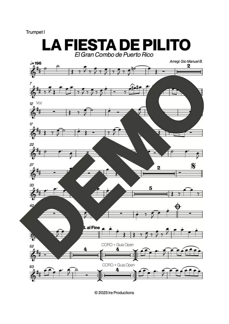 El Gran Combo de Puerto Rico – La Fiesta de Pilito – Sheet Music Demo Page 1 (PDF) – Includes charts for Trumpets, Trombones, Saxophone, Piano and Bass
