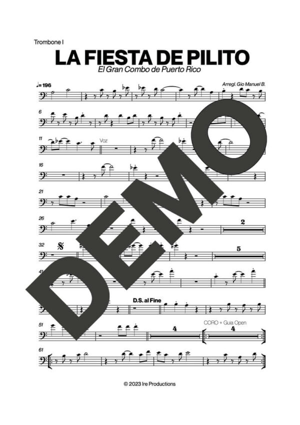 El Gran Combo de Puerto Rico – La Fiesta de Pilito – Sheet Music Demo Page 2 (PDF) – Includes charts for Trumpets, Trombones, Saxophone, Piano and Bass