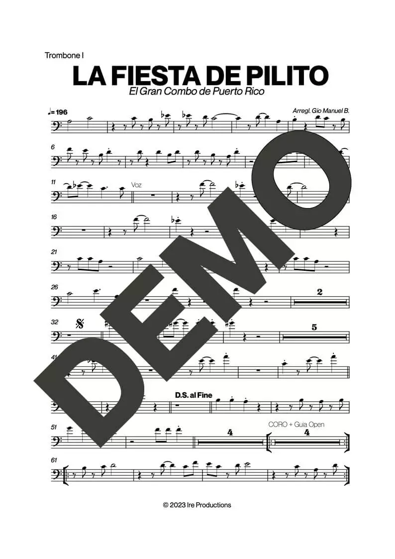 El Gran Combo de Puerto Rico – La Fiesta de Pilito – Sheet Music Demo Page 2 (PDF) – Includes charts for Trumpets, Trombones, Saxophone, Piano and Bass